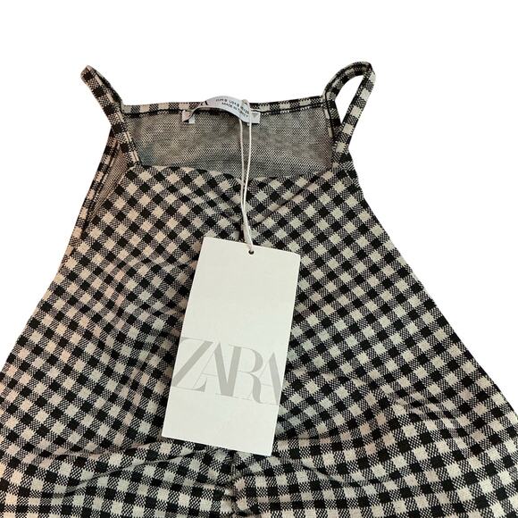 ZARA Gingham Checkered Ruched Halter Sexy Tank Top Black/White Women's Small NWT - Picture 3 of 7